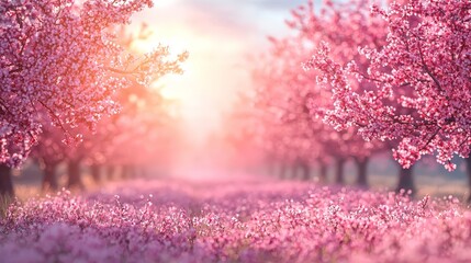 A serene path lined with blooming cherry blossom trees, creating a tranquil atmosphere.