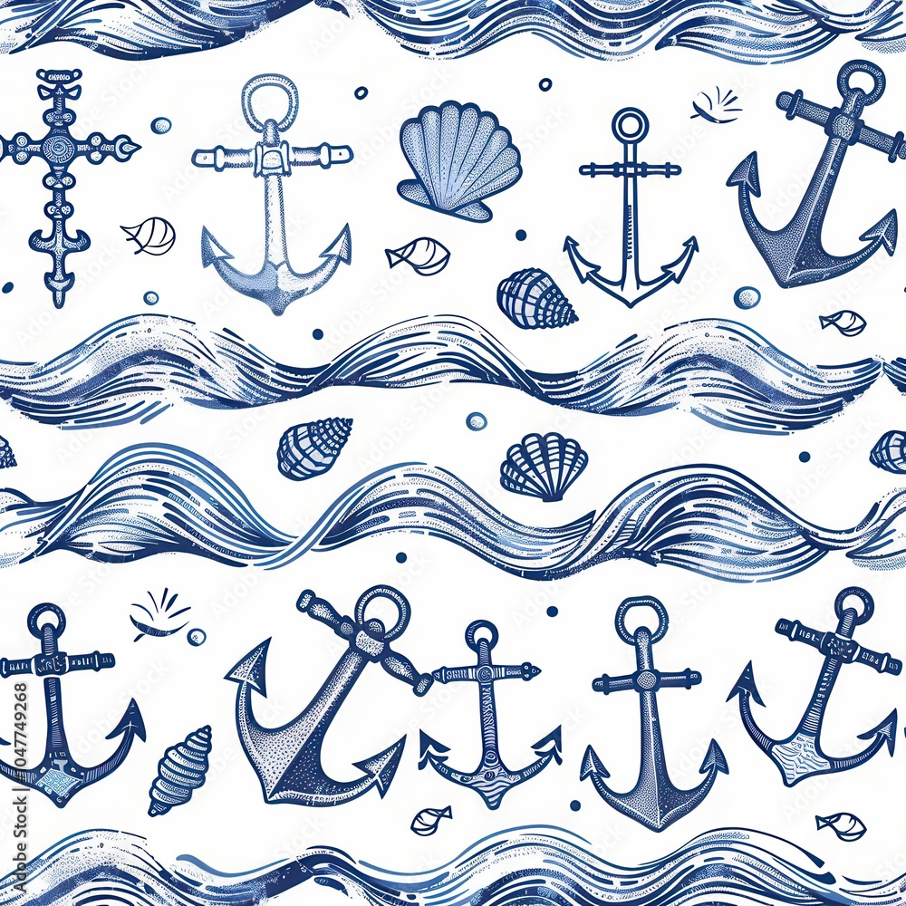 Poster a decorative pattern showcasing various nautical elements including anchors, seashells, and flowing 