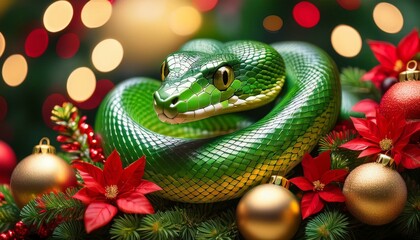 Fototapeta premium a striking green snake coils gracefully amidst festive new year decorations featuring vivid red and gold ornaments the enchanting setting includes bokeh lights and colorful foliage