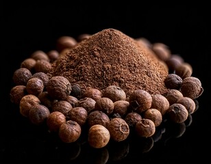 allspice jamaica pepper pimento spice heap rotating over black background whole black peppercorns close up