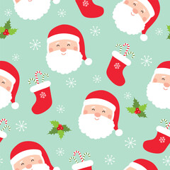 Christmas seamless pattern with Santa Claus, Christmas socks, candy canes and holly. Vector illustration. It can be used for wallpapers, wrapping, cards, patterns for clothes and other.