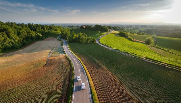aerial drone view of two cars driving along a country road spinetta marengo piedmont italy