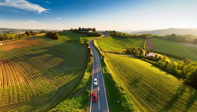 aerial drone view of two cars driving along a country road spinetta marengo piedmont italy