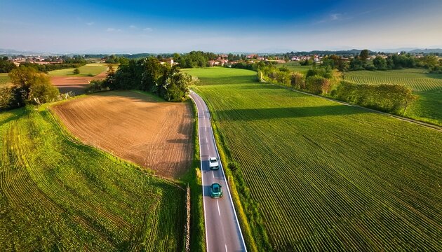 aerial drone view of two cars driving along a country road spinetta marengo piedmont italy