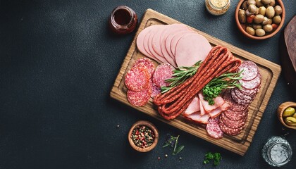 assortment of cold meats products ham sausage salami parma prosciutto bacon on wooden cutting board with herb and spices over dark background meat appetizer set of soda top view toning