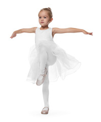 Fototapeta premium Little girl pretending to be ballerina on white background. Dreaming of future profession