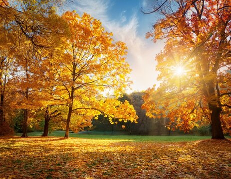 beautiful autumn landscape with yellow trees and sun colorful foliage in the park falling leaves natural background