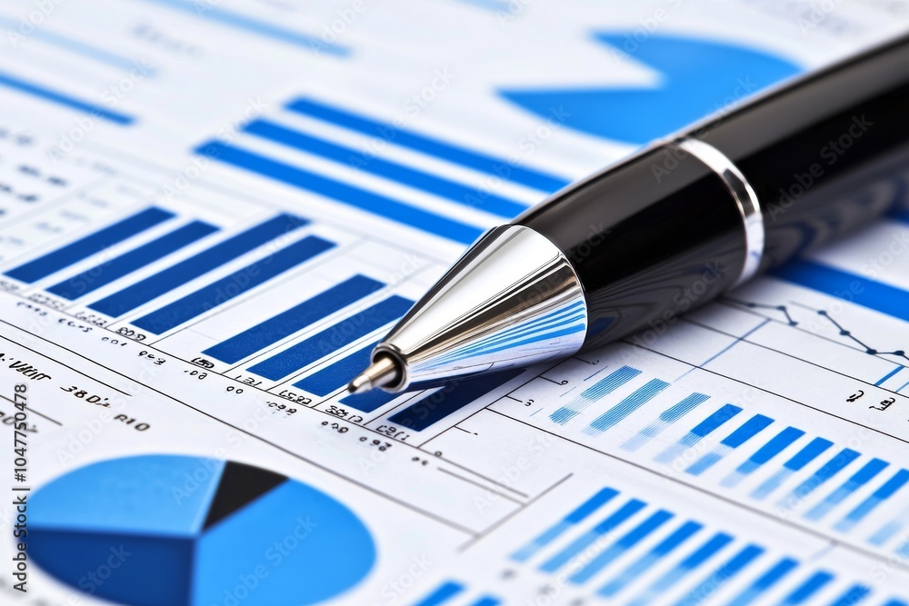 Poster silver pen resting on financial graphs and reports in macro mode