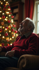 Excited Santa Claus man in Christmas suit sit in armchair with fir tree gifts hold classic black film making clapperboard isolated on red background. Happy New Year celebration merry holiday concept