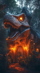 Glowing lights treehouse dark forest fierce dragon mystical setting Picture