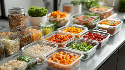 Obraz premium Healthy Meal Prep Containers with Colorful Food Ingredients