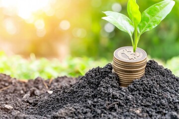 Under the sun, a young plant grows on coins. Concept of financial stability and eco-friendly savings.