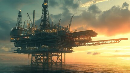 Obraz premium the massive drill and complex machinery on an offshore oil rig, with ocean waves reflecting the morning light, petroleum industry