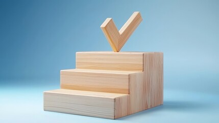Checkmarks at the bottom of a wooden staircase leading to a bank icon on a turquoise background, symbolizing financial stability and success, an upward path to banking and investing, business and