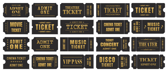 Vector set of black and gold ticket templates. Invitation tickets. Vector illustration.