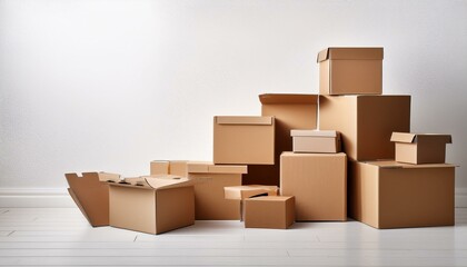 cardboard boxes on floor with white background