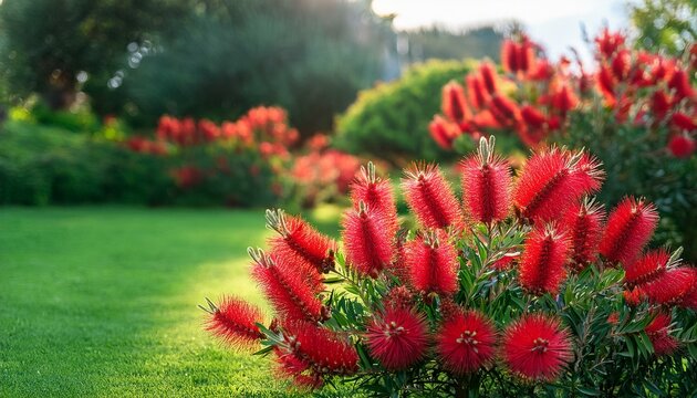 callistemon citrinus red bottlebrush flowers blooming in exotic garden close up gardening landscape design exotic bush growing over green grass background landscaping flower bed landscaping