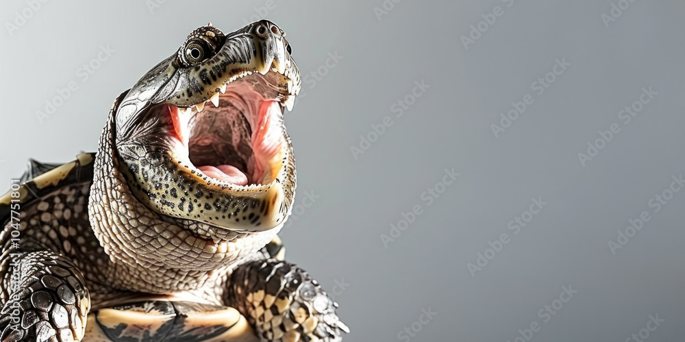 Poster stationary alligator snapping turtle displays its rugged shell and open mouth captured in dramatic o