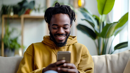 A cheerful young man smiles as he engages with his smartphone, sitting comfortably on a couch amidst lush indoor plants in a sunlit living room - Generative AI