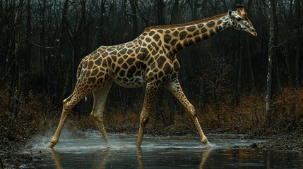 Obraz premium A giraffe walks through a shallow pool of water in a forest.