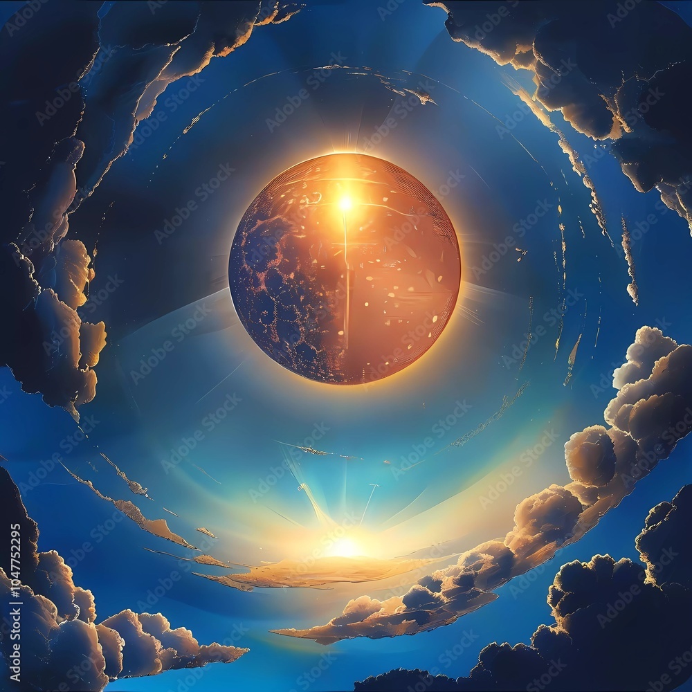 Poster an ethereal celestial landscape unfolds with a radiant planet at its center, enveloped by soft cloud