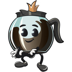 cool glass coffee pot cartoon mascot character vector illustration crowned like a king while folding his arms calmly, work of hand drawn