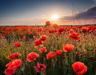 close up of red poppies growing in a field in summer belarus