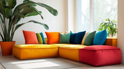 A colorful couch with pillows in various colors and a potted plant in the corner