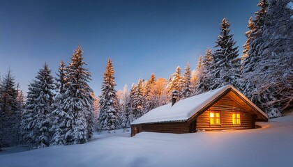 cozy cabin in a snow covered forest illuminated by warm lights
