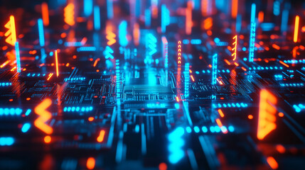 Obraz premium Abstract Futuristic Circuit Board with Neon Lights and Data Flow