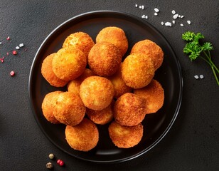 fried potato cheese balls or croquettes with spices on black plate over dark stone background unhealthy food top view