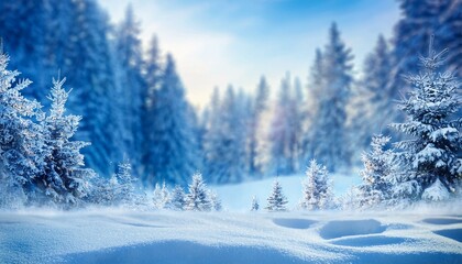 Obraz premium frosty winter landscape in snowy forest christmas background with fir trees and blurred background of winter
