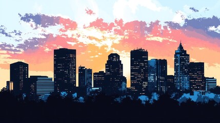 Fototapeta premium A cityscape silhouette against a colorful sunset sky.