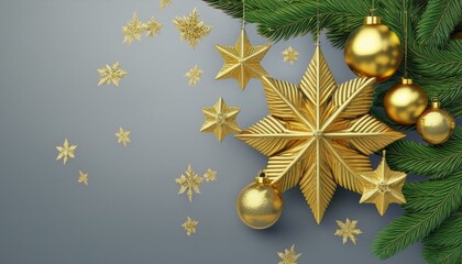 golden christmas star balls snowflakes decoration on pine twigs isolated placable 3d cad rendering
