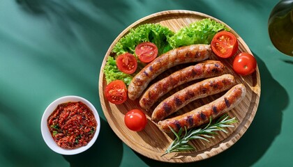 grilled beef meat sousage on white wooden plate with herbs and fresh vegetables sunny day barbeque indgridients on a table top view
