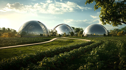 Obraz premium Futuristic Domes in a Green Field Landscape