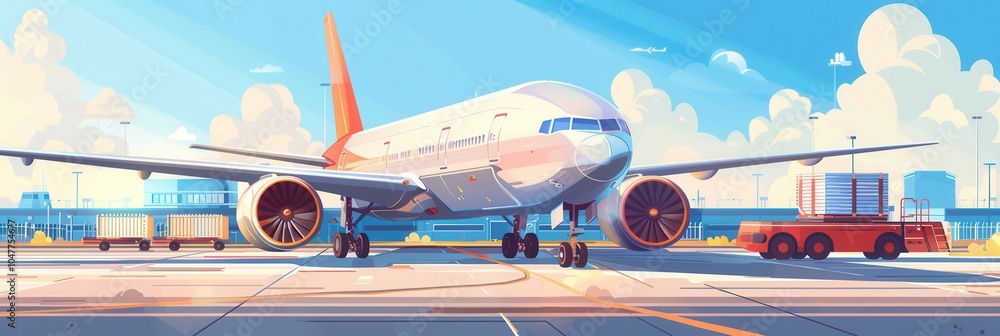 Aufkleber A large cargo airplane is parked on the runway, with equipment actively loading and unloading cargo in bright weather conditions. Generative AI