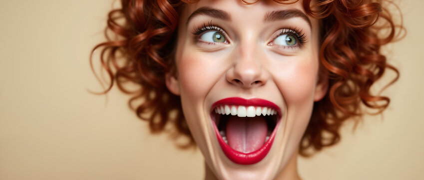 Close-up of a joyful woman with curly hair, exuding happiness and confidence, her wide smile and bright red lipstick creating an uplifting and cheerful mood.

