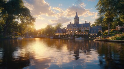 Obraz premium A grand, stone mansion sits on a peaceful lake at sunset, surrounded by lush greenery and boats.