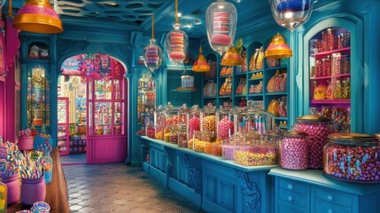 Fototapeta premium A colorful candy store with shelves filled with various sweets, jars of candies, and a counter with more candies.