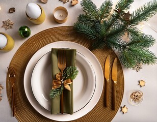 overhead view of a festive christmas cutlery setting on a table