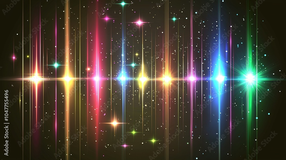 Poster colorful light spectrum abstract design with vibrant lines and stars against a dark background