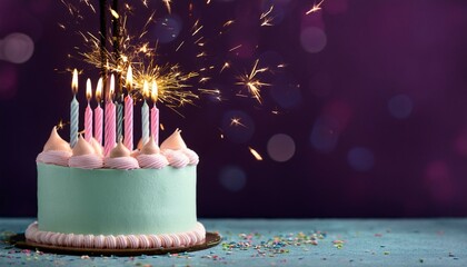 pastel birthday cake with birthday candles and sparkler