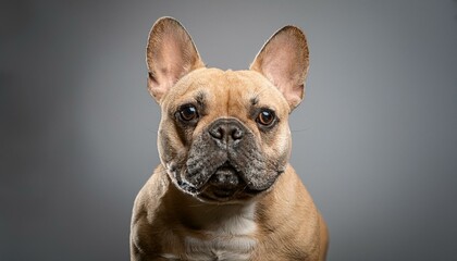 portrait of a fawn french bulldog standing in front of a grey background