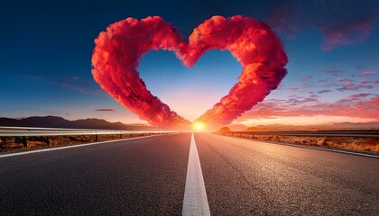 red heart shaped clouds at sunset beautiful landscape with road love background with copy space road to love