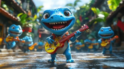 A group of cute blue lizards playing guitars in a tropical street.
