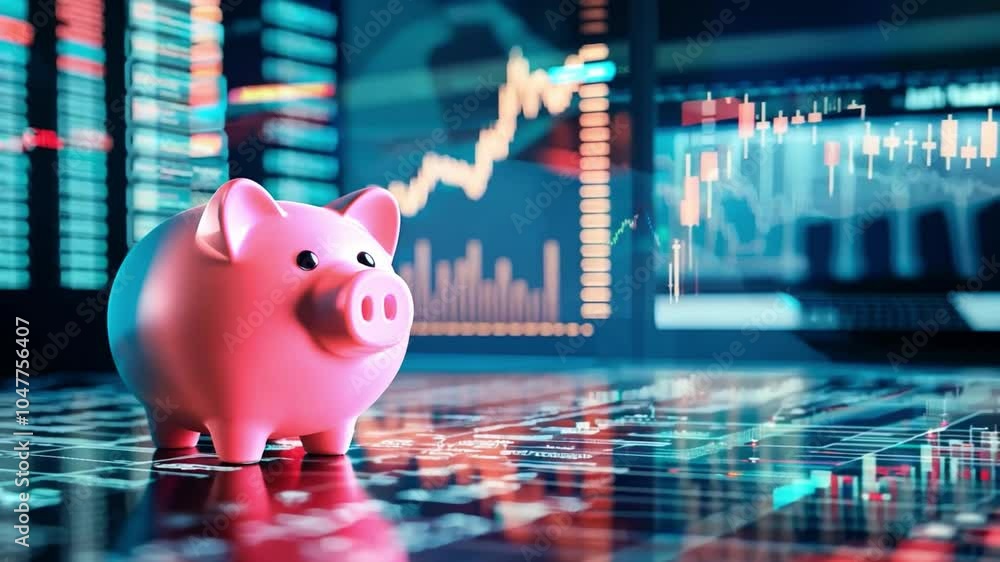 Aufkleber a pink piggy bank on a digital financial display with rising graphs and stock data in the background