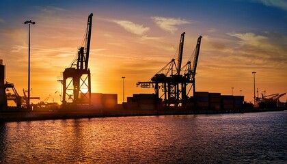 Obraz premium silhouette of shipping containers and cranes at the port of klaipeda lithuania