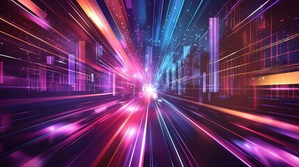 Colorful light explosion representing futuristic cityscape with vibrant beams at night