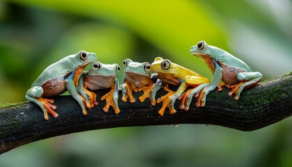 Naklejka premium six javan tree frogs sitting on a branch indonesia